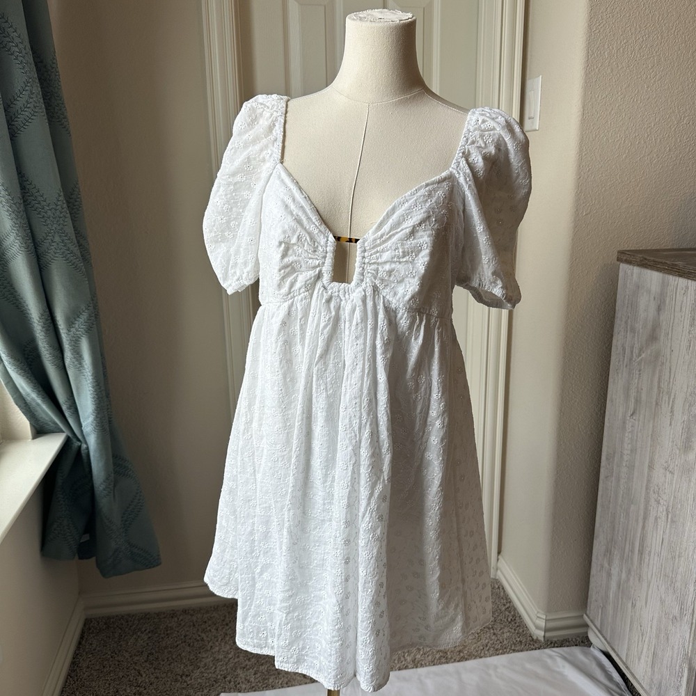 Fore Womens White 100% Cotton Eyelet Embroidered Babydoll Dress Size Large - Picture 4 of 10